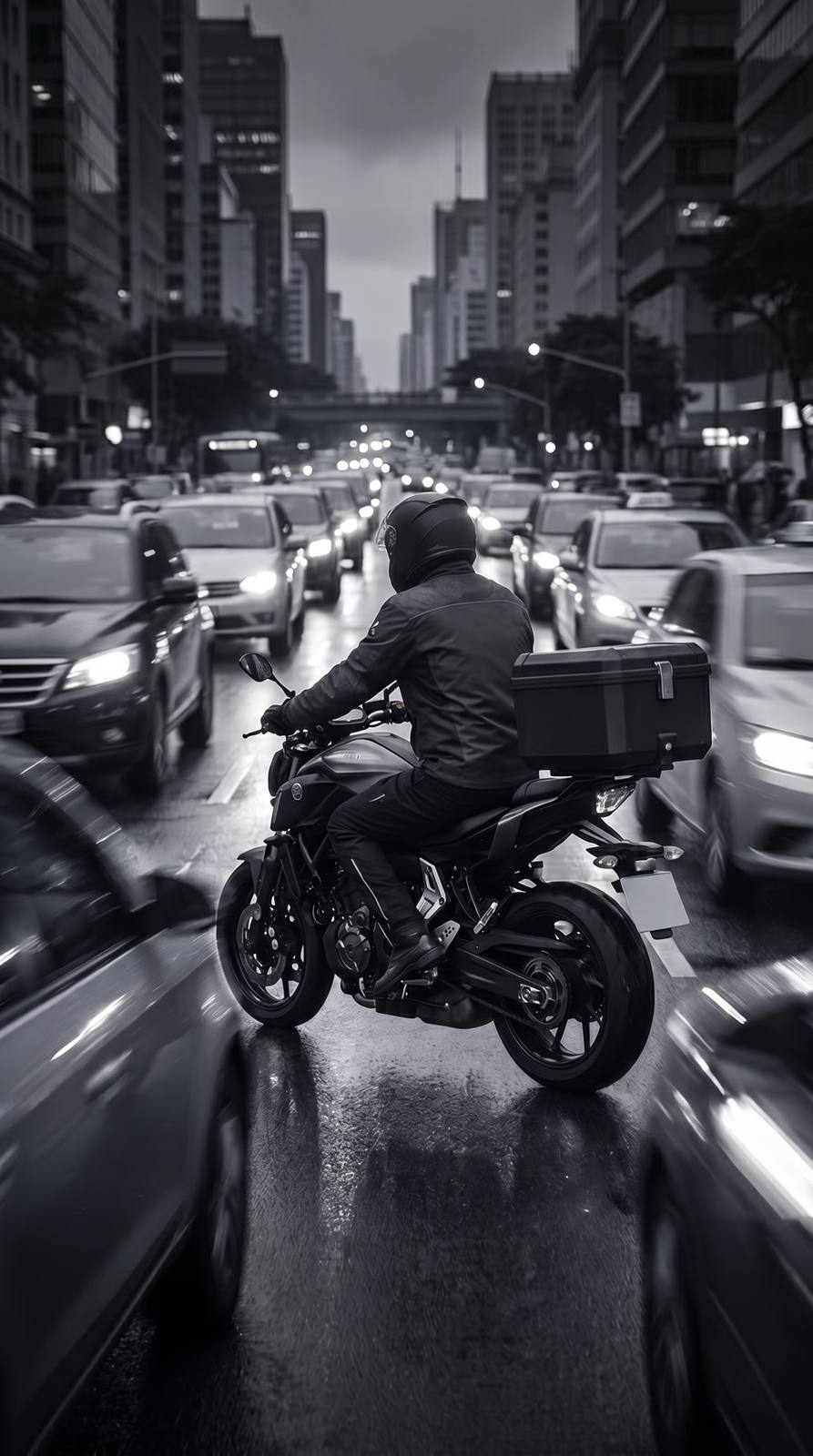 REMUX motorcycle courier riding through the city