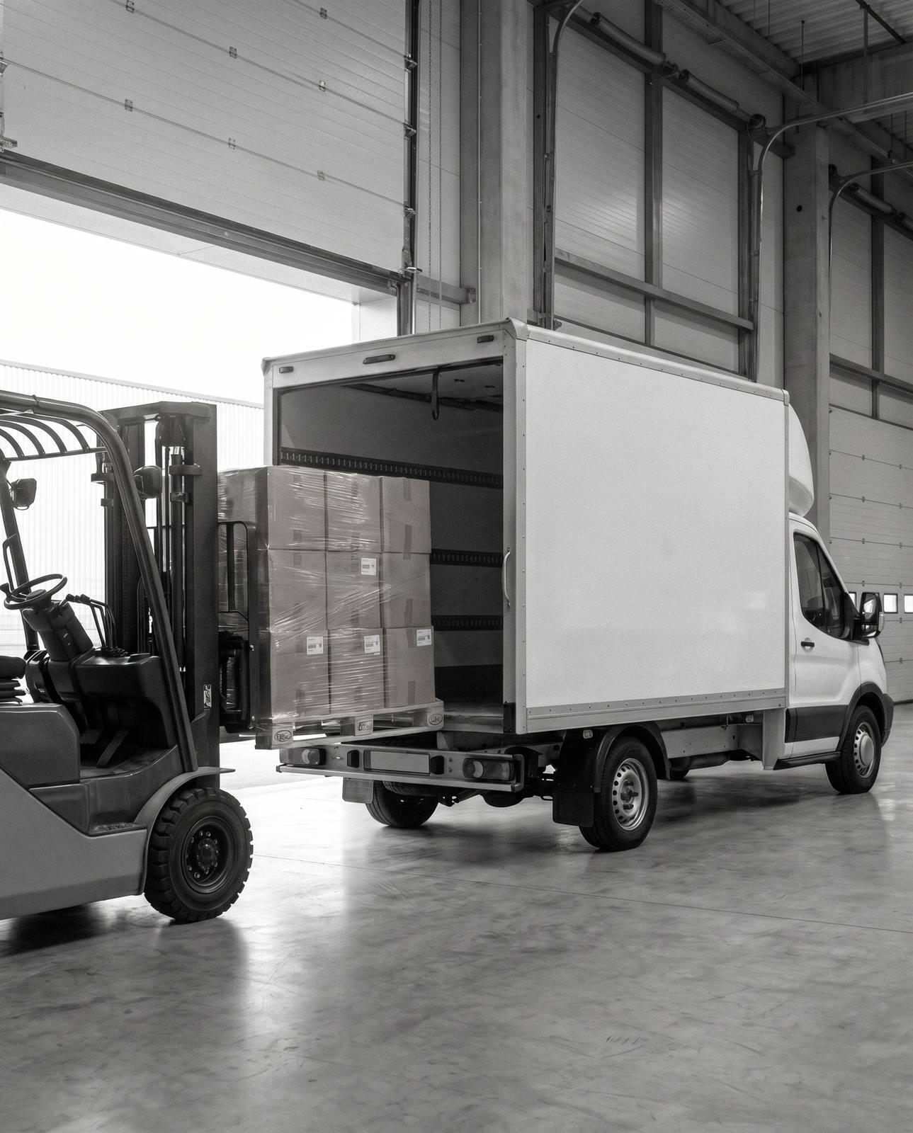 Forklift loading a pallet onto a REMUX Luton van