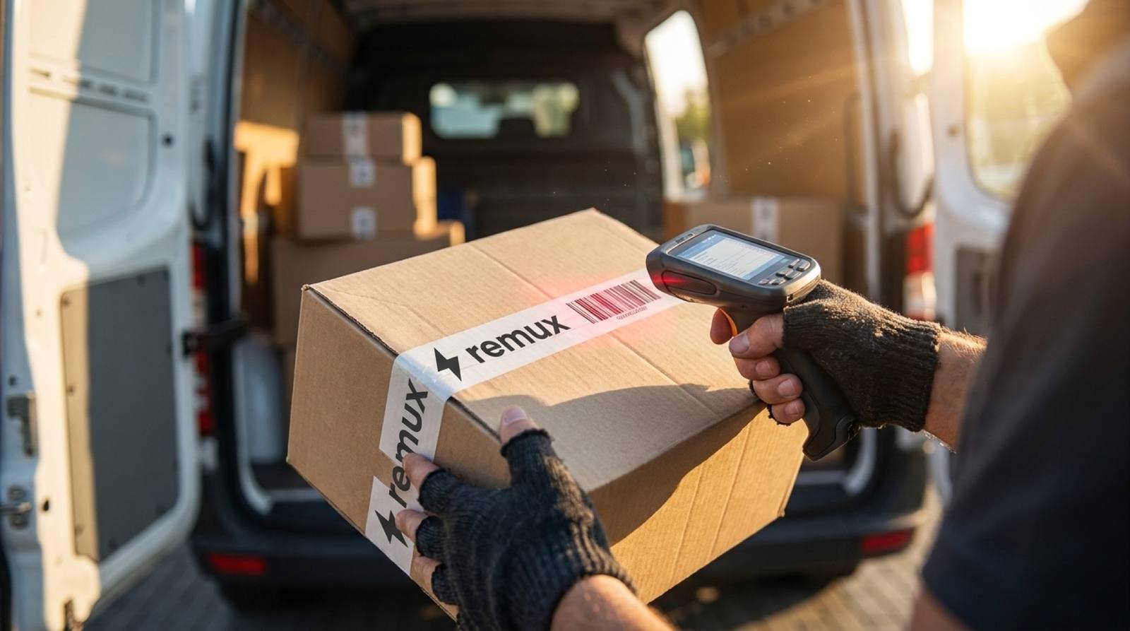 REMUX courier scanning a branded parcel at the van