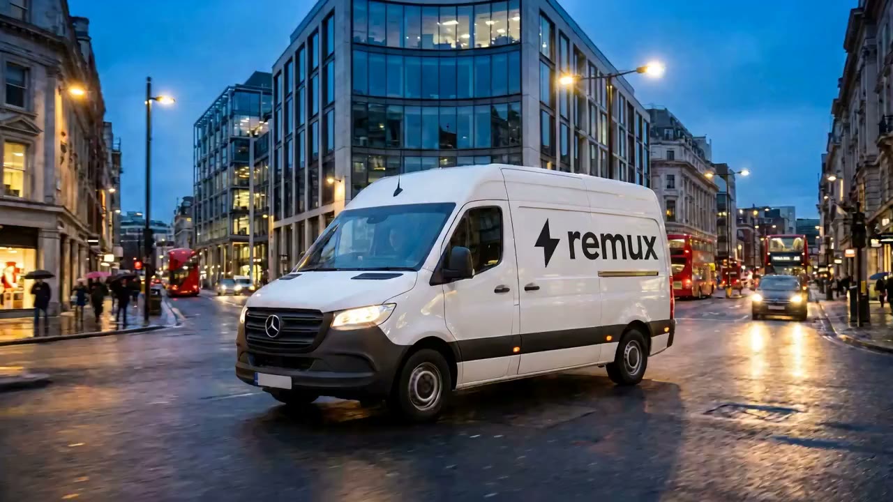 REMUX courier van in the city at dusk